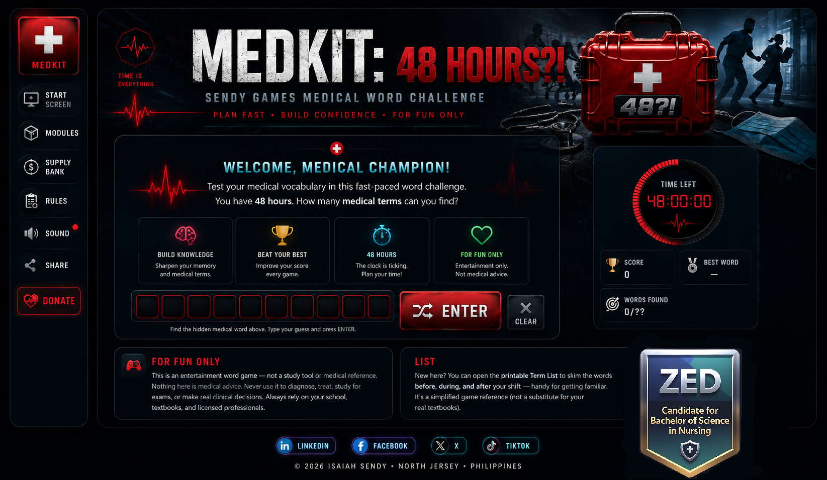 MEDKIT: 48 HOURS?! Emergency Room medical word challenge start screen